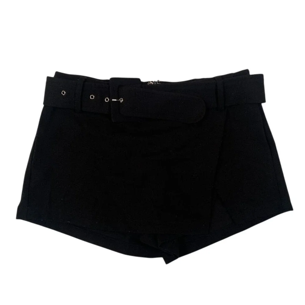 XS – Steele Black Belted Skort / Mini Skirt Shorts‎ – High Waisted, Dressy, Y2K